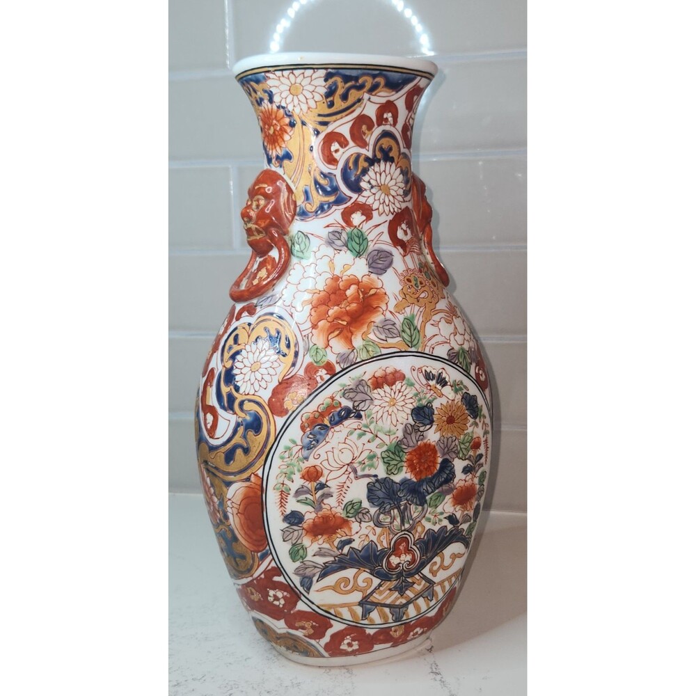 Vintage 14" Japanese Porcelain Imari Vase Foo Dogs Gold Red Arita Dragon Japan